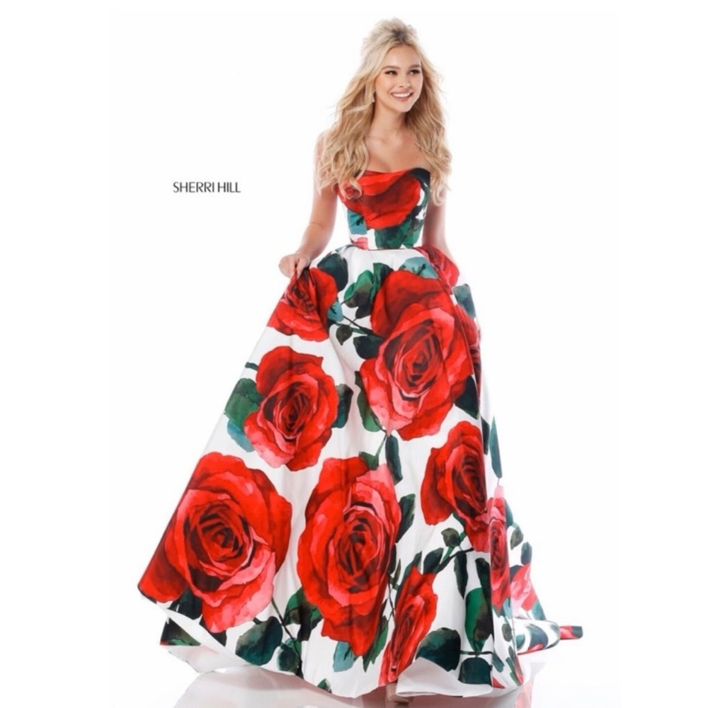 Sherri Hill Red and White Floral Prom Dress ROSES - Picture 2 of 16